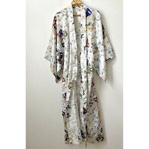 90s Lotus kimono robe white blue NO BELT ankle‎ length Geisha floral print L